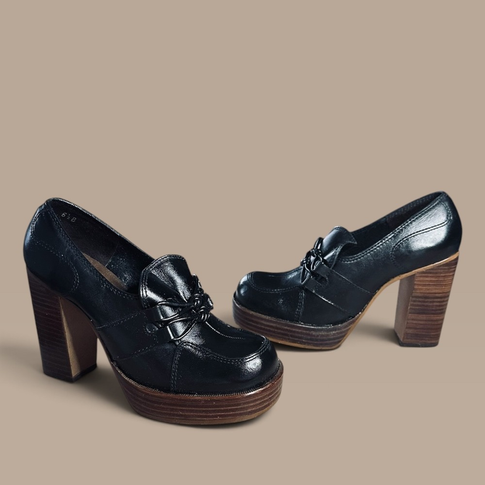 Vintage 70s QualiCraft Black Leather Platform Wooden Block Heels 6.5 NIB